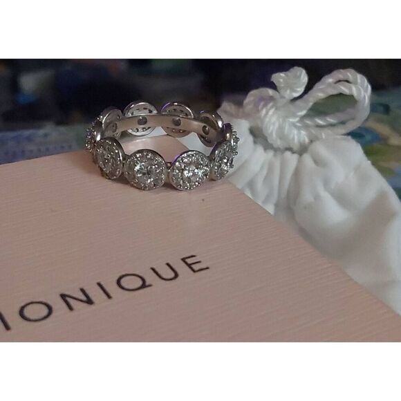 BNIB~DIAMONIQUE 2ct Round Halo Link Design Eternity Style Band Ring Sz 8 - Picture 1 of 3